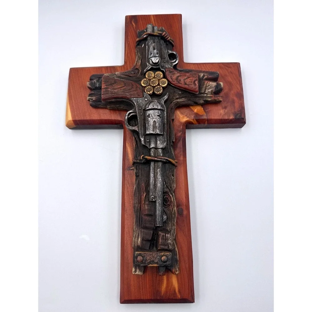 Handmade Rustic Western Wooden Wall Cross Revolver Bullet Barbed Wire Cowboy 14
